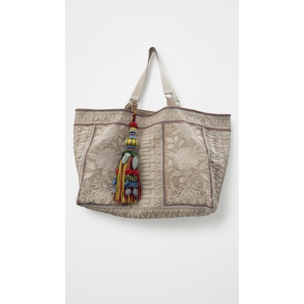 Johnny Was Embroidered Floral Jacquard Oversized Tote Bag Boho Beige - Picture 3 of 8